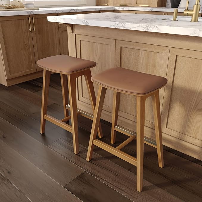 Plank+Beam Beryl Counter Height Stool - Mid-Century Modern Rubberwood Bar Stool with Faux Leather Seat, Metal Footrest, Easy Assembly, Pecan/Toffee