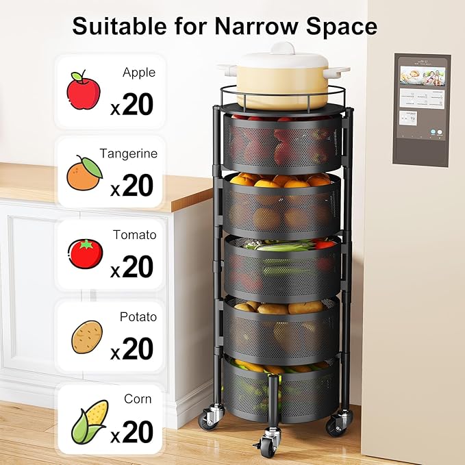 SAYZH Fruit Vegetable Basket for Kitchen, Rotating Storage Rack, 5 Tier Rolling Cart with top lid, Large Metal Wire Wheels, Black