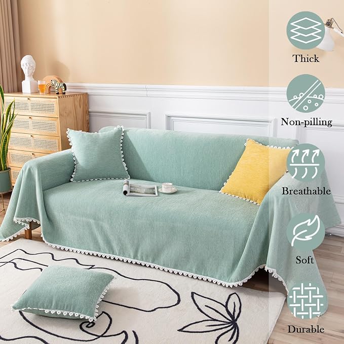 HANDONTIME Cute Sofa Covers Light Green Couch Covers for 3 Cushion Couch Sofa with White Daisy Lace Green Sofa Slipcovers Chenille Couch Cover for Dogs Sectional Sofa L Shape Futon Cover, 71" X118"