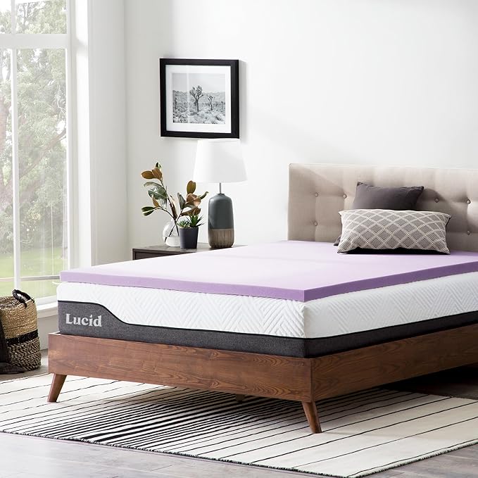 Lucid 2 Inch Lavender Infused Memory Foam Mattress Topper - Ventilated Design – Pressure Relieving Bed Topper - Mattress Pad – CertiPur Certified - King Size