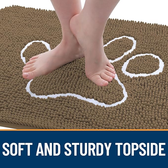 OLANLY Door Mat for Muddy Dog Paws 30x20, Ultra Absorbent Chenille Mud Doormat with Paw Print Design, Non-Slip Washable Doormat for Indoor Entryway, Quick-Dry Pet Bed Mats for Dirty Dogs, Tan