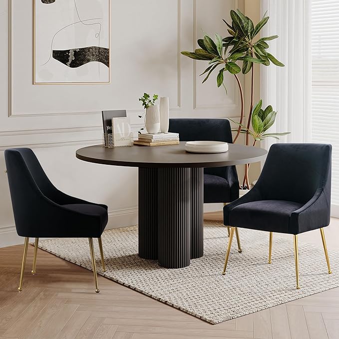 Modern Velvet Dining Chairs Set of 2, Contemporary Upholstered Furniture Collection with Polished Gold Metal Legs, Elegant Accent Chairs for Kitchen Living Room(Black)
