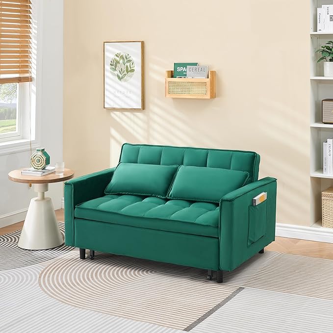 Ball & Cast Convertible Sofa Bed,Pull Out Loveseat Sleeper Sofa,Convertible Pull Out Couch W/ 2 Pillows,Adjustable Backrest & Side Pocket,Corduroy Futon Couches for Living Room,Apartment,Green,55"