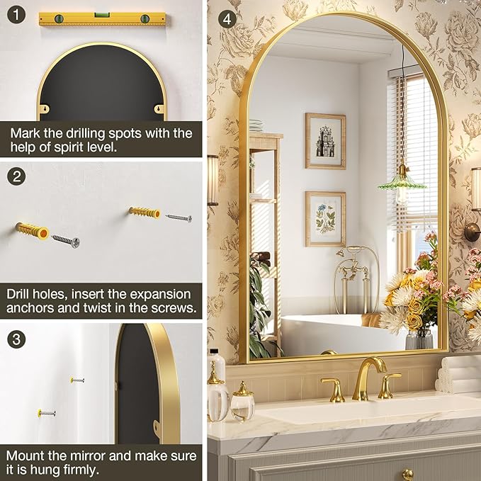 Brightify Arched Mirror, Arched Wall Mirror, 24 x 40 Inch Gold Arch Mirror, Metal Frame Gold Bathroom Mirror, Arched Top Bathroom Vanity Mirror for Living Room Bedroom Mantel Entryway Hallways
