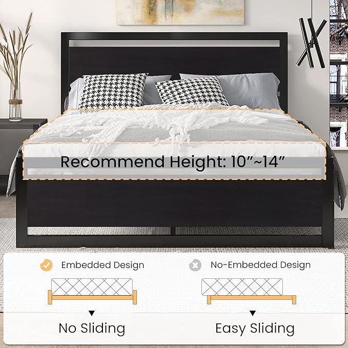SHA CERLIN Queen Size Bed Frame with Modern Headboard, Heavy Duty Platform Metal Base with Square Footboard and 13 Strong Slats Support, No Box Spring Needed, Black