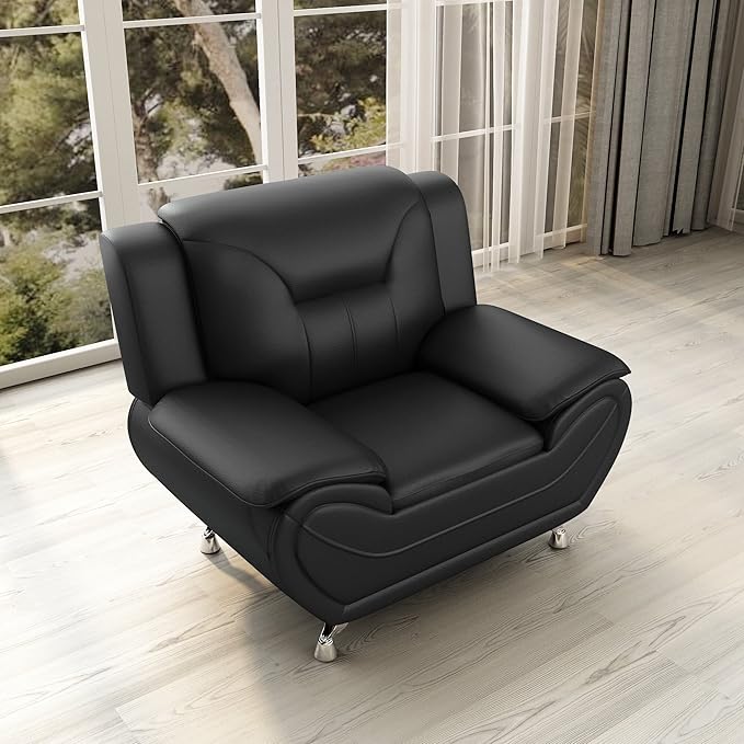 Container Furniture Direct Michael Modern Faux Leather Upholstered Stainless Steel Legs Living Room Sofa, Chair, Black