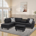 L Shaped Modular Sectional Sofa with Reversible Chaise Lounge, 5-Seater Corner Couch, Linen Upholstery Convertible Sofá w/Movable Ottoman, Cup Holders, 2 Pillows and Rivet Ornament for Living Room