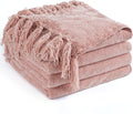 Chenille Throw Blanket for Couch 50"X 60", Soft Cozy Throws with Fringe Tassel for Bed Sofa Chair Cover, Lightweight Knitted Decorative Boho Blankets for Living Room, Dusty Pink