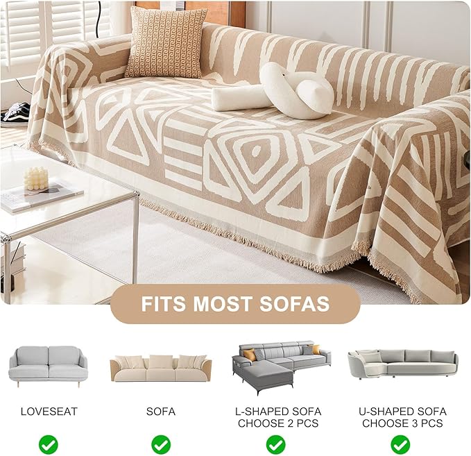 STACYPIK Boho Couch Cover Khaki Triangle Sofa Cover for Dog Cat Anti-Scratch Loveseat Cover Reversible Non Slip Couch Protector for 2 Cushion Couch Chenille Jacquard Couch Cover for Sectional-71X118IN