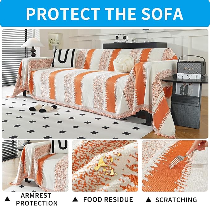 LUFEIJIASHI Boho Couch Covers for Sofa Non Slip Sofa Covers Washable Couch Covers for 3 Cushion Couch Sofa Pet Friendly Sectional Couch Cover Blanket Furniture Protector for Dogs (Orange, 91"x150")