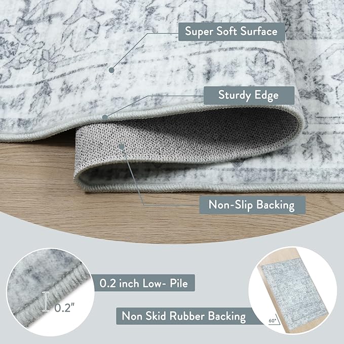 LIVEBOX Washable Area Rug 8x10 Rugs for Living Room Bedroom, Non-Slip Boho Neutral Carpet for Dining Room Office, Low-Pile Farmhouse Soft Carpets for Kids Nursery Room Playroom, Grey