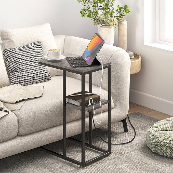 Yoobure C Shaped End Table with Charging Station, Small Side Table for Living Room, Bedroom, Sofa with USB Ports and Outlets for Small Spaces, C Couch Rustic Snack Bed Side Table
