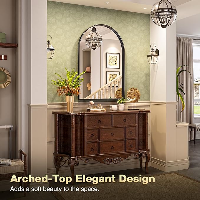 Brightify Arched Mirror, 26 x 38 Inch Black Arch Wall Mirror, Metal Frame Black Bathroom Mirror, Arched Top Bathroom Vanity Mirror for Living Room Bedroom Mantel Entryway