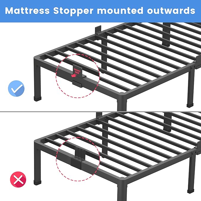MAF 16 Inch Twin XL Bed Frames with Round Corner Legs Mattress Slide Stopper No Box Spring Needed Heavy Duty Metal Platform Bed Frame Under-Bed Storage Space, 3000 LBS Steel Slats Support