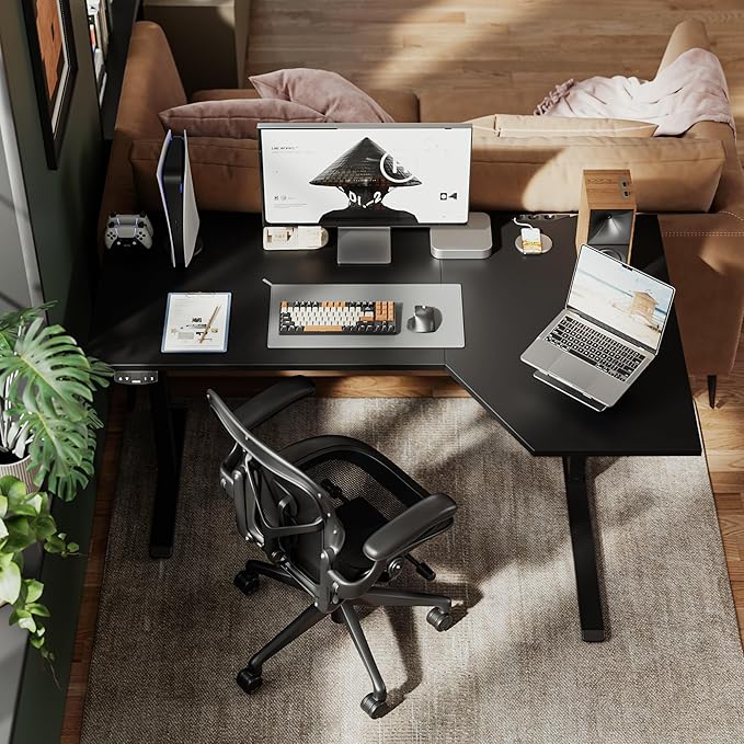 Agilestic Electric Standing L-Shaped 59 Inches Height Adjustable Desk, Sit and Stand up Desk for Work Office Home, Ergonomic Rising Computer Table for Home Office with Splice Board, Black