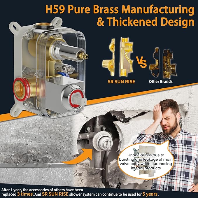 SR SUN RISE SRSH-D1203 12 Inches Bathroom Luxury Rain Mixer Shower Combo Set Wall Mounted Rainfall Shower Head System Polished Chrome Shower Faucet Rough-in Valve Body and Trim Included