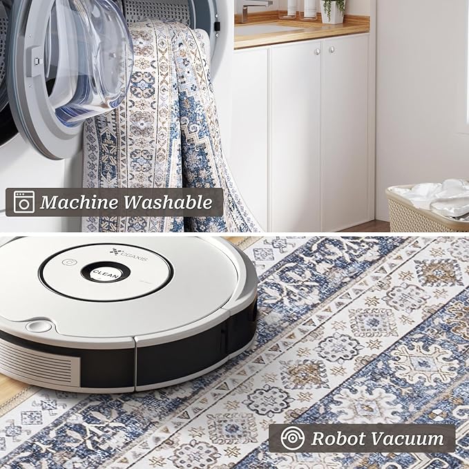 zesthome Washable Runner Rug 2.5x12 - Stain Resistant Entryway Rug,Ultra-Thin Kitchen Rugs, Anti Slip Backing Runner Rugs for Entrance Laundry Room Indoor Hallway (Blue/Beige,2.5'x12')