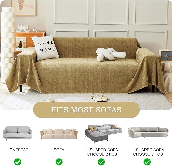 STACYPIK Yellow Sofa Cover for Dogs, Chenille Non-Slip Couch Cover for Pets, Washable Loveseat Cover for Sectional, Soft Jacquard Furniture Protector for 3 Cushion Couch, Couch Throw Blanket-91X134IN