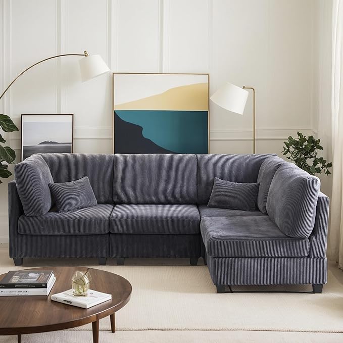 126" Convertible L-Shaped Modular Sectional Sofa, 4 Seater Corduroy Upholstered Corner Sofa Couch with Extra Wide Deep Seat, DIY Combination Lounger Sofa with Solid Wood Legs for Living Room Office