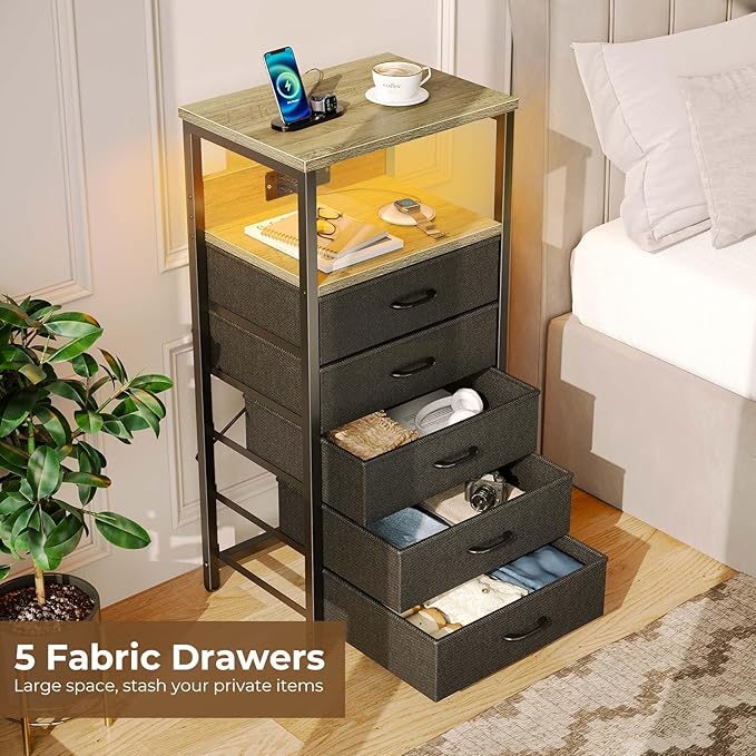 Seventable Night Stand with Charging Station, Tall Nightstand with 5 Fabric Storage Drawers, Side Table with LED Light for Bedroom, Entryway, Greige, Set of 2
