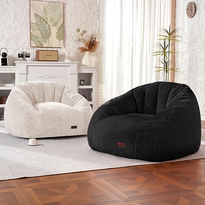 HABUTWAY Bean Bag Chair, Giant Bean Bag Chairs for Adults with Ottoman, Comfy Faux Fur Shell-Shaped Bean Bag Couch, Sofa Chair for Living Room, Bedroom, Black