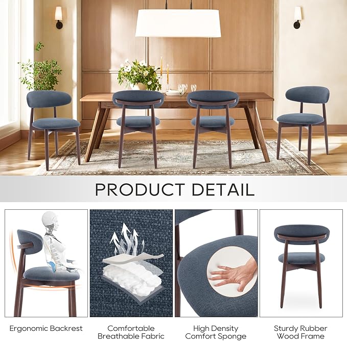 COLAMY Wooden Dining Chairs Set of 6, Modern Fabric Upholstered Dining Room Chair, Farmhouse Kitchen Chairs with Foot Pegs, Blue