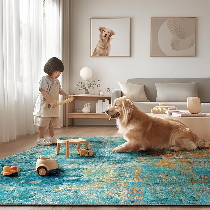 Washable Area Rugs 6'x9' Non-Slip Modern Abstract Soft for Living Room Entryway Bedroom Nursery, Print Pattern, Teal Blue Green Orange Rust Red Colorful