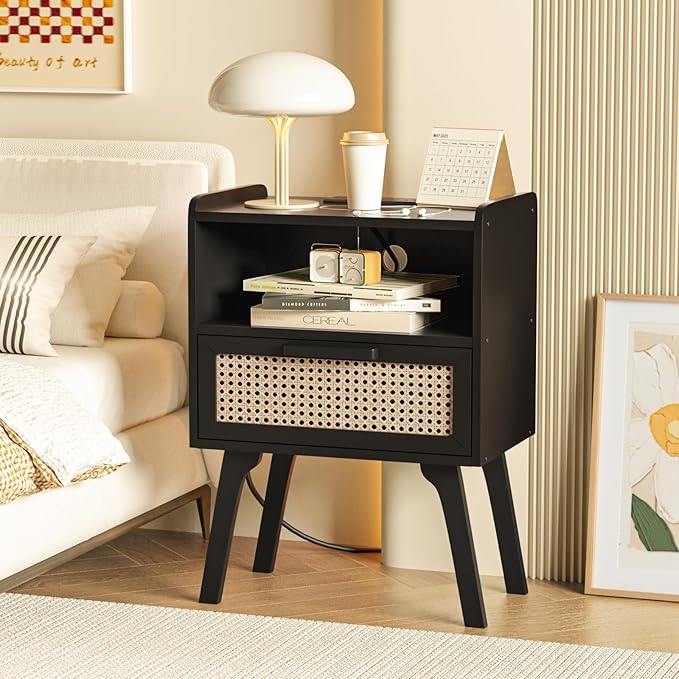 Lerliuo Rattan Nightstand with Charging Station, Black Bedside Table with Drawer Open Shelf, Cane Accent Side End Table with Solid Wood Legs, Night Stand for Bedroom, Dorm and Small Spaces