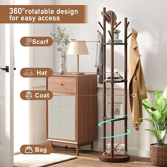 FILWH Bamboo Coat Rack Rotary Freestanding with Shelf Tree Stand for Hallway Entryway Hanger Stand with 9 Hooks 3 Shelves (Brown)