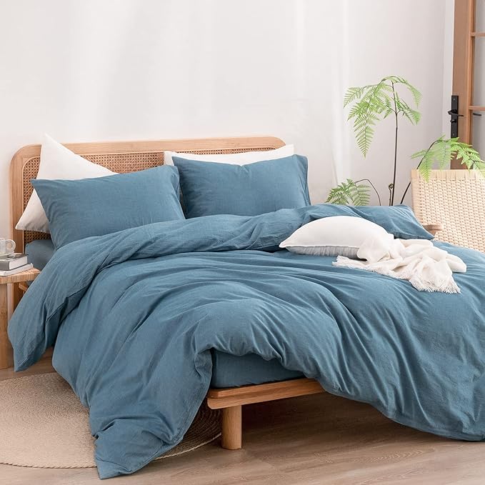 BESTOUCH Duvet Cover Set 100% Washed Cotton Linen Feel Super Soft Comfortable Chic Lightweight 3 PCs Home Bedding Set Solid Dark Blue Cal King