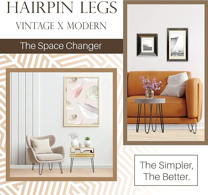 TEN49 Heavy Duty Hairpin Table Leg - 16 Inch Industrial Furniture Legs - Raw Steel Color Solid Rods Metal Leg for Table - Fit for Mid-Century Modern Bed Side, Dressing Table, Nightstand, Chair Legs