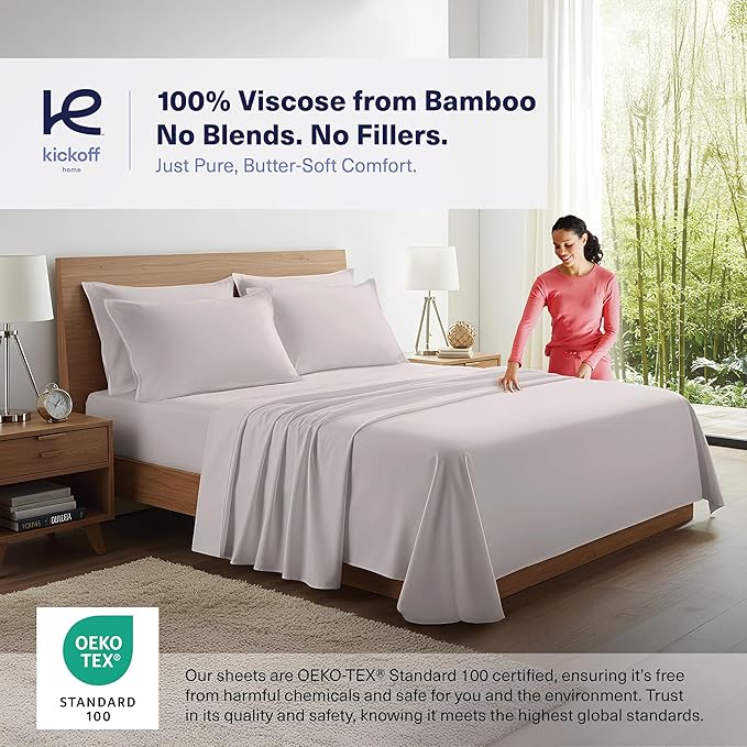 Kickoff Viscose Bamboo Sheets Queen Size 4-pc 100% Organic Bamboo Viscose Bed Cooling Sheets Queen Size Set Cool Bedding for hot Sleepers Sheet, Flat, Fitted, Pillowcases (Dove Grey, Q)