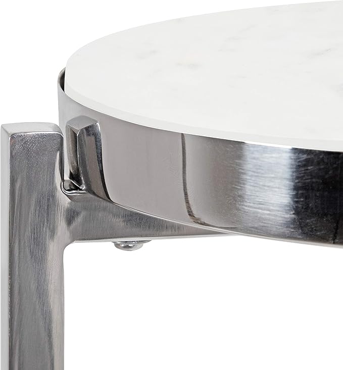 Kate and Laurel Aguilar Glam Round Drink Table, 8 x 8 x 23, Silver and White, Small Accent Table for Use as Plant Pedestal Stand with Marble Tabletop