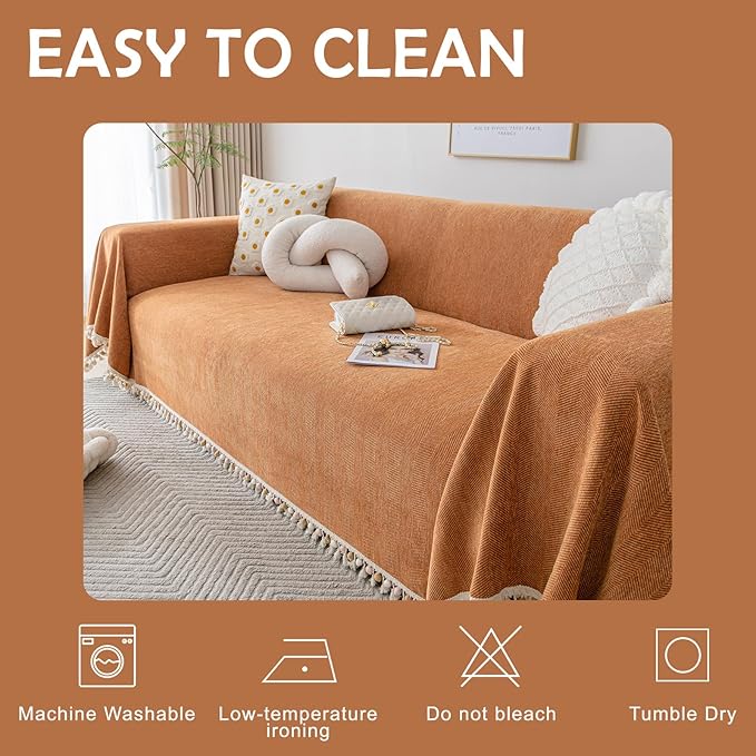 HANDONTIME Dark Orange Sofa Covers Couch Cover for Dogs Colorful Tassel Sofa Seat Cover Lovetseat Cover Pet Couch Cover Bohemian Sofa Cover for Couch Vintage Boho Couch Covers Futon Cover, 91" X150"