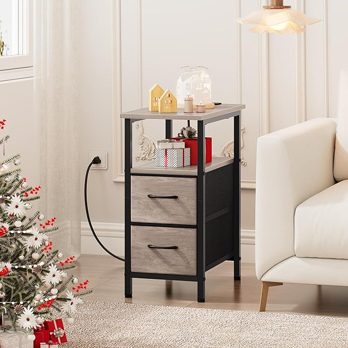Vagusicc End Table with Charging Station Set of 2, Narrow Side Table, 23.8'' Tall Nightstand with 2 Drawers, Small Sofa Side Table Narrow Nightstand for Small Spaces, Living Room, Bedroom, Rustic Grey