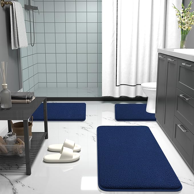 OLANLY Thick Memory Foam Bath Mat Rug 24x16, Extra Soft Absorbent Bathroom Rug, Quick Dry Bath Mats, Non-Slip, Machine Washable Carpet for Bathroom, Tub and Shower, Home Decor Accessories, Navy