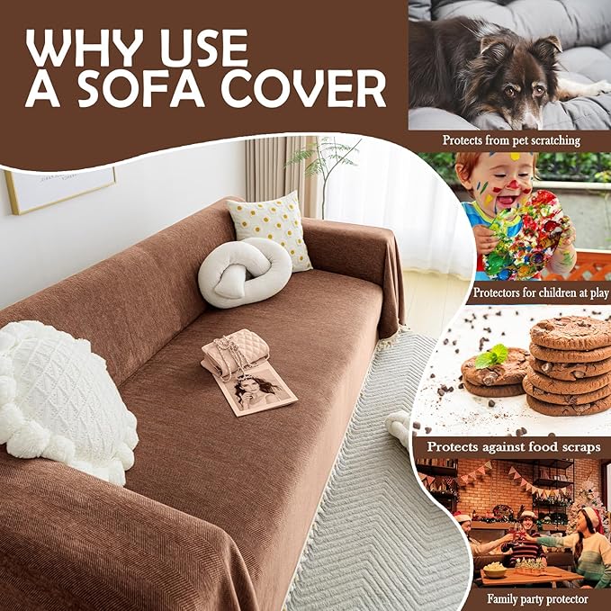 HANDONTIME Boho Style Sofa Cover with Tassels, Washable & Non-Slip Couch Cover for 3 Cushion Sofa, Herringbone Pattern Pet-Friendly Sofa Slipcover, Chocolate Color, 91"x134", Living Room Decor