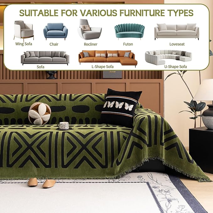 HANDONTIME Boho Couch Cover Geometric Striped Pet Covers for Couches and Sofas Olive Green and Black Dog Cover for Couch Pet Friendly Chenille Sectional Sofa Covers for Pets Washable, 71" X 134"