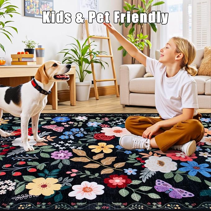 Area Rug Living Room Rugs: Floral 4x6 Washable Rug Vintage Soft Boho Non-Slip Carpet Indoor Floor Stain Resistant Large Carpets for Bedroom Dining Room Farmhouse Nursery Hallway Home Office Black