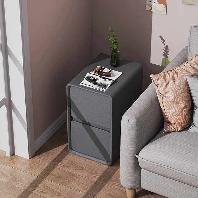 VICITON Modern Narrow Faux Leather Nightstand, Solid Wood Drawer, Storage Accent Table, Small Side End Table for Bedroom (Gray, Nomal(12 inch))