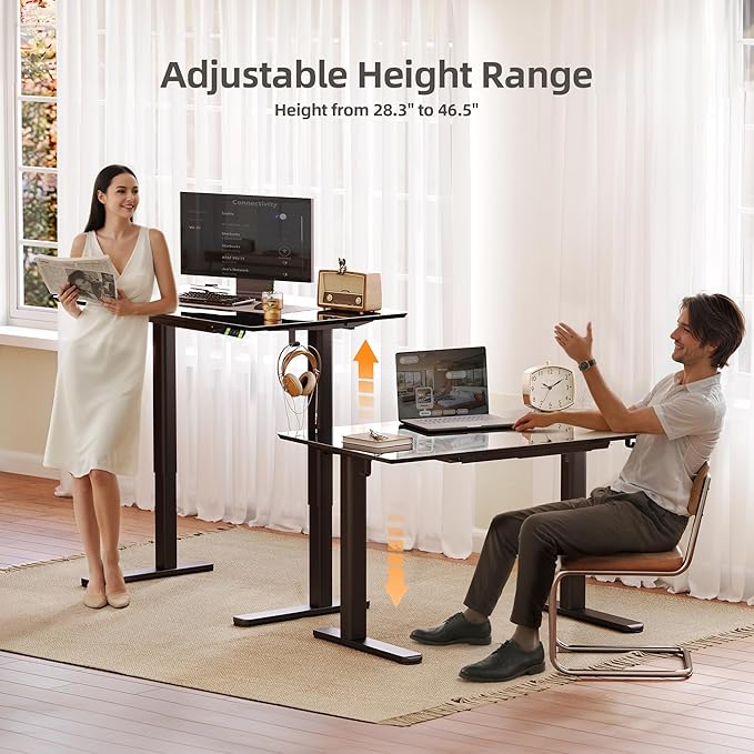 INNOVAR Glass Standing Desk with Drawers, 55×24 Inch Adjustable Stand Up Desk, Quick Install Home Office Computer Desk, Black