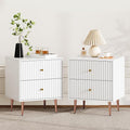 White Night Stand Set 2,Modern Bedside Table with 2 Drawers Storage,Fluted Nightstand and Wood End Side Table with Rose Gold Metal Legs and Handles for Bedroom,White