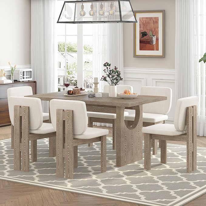 Ball & Cast 7-Piece Dining Table Set for 6 People, 59" Wood Dining Kitchen Table & Chairs Set, Dining Room Table with Trestle Base and 6 Upholstered Chairs, Perfect for Dining Room,Natural Wood Wash