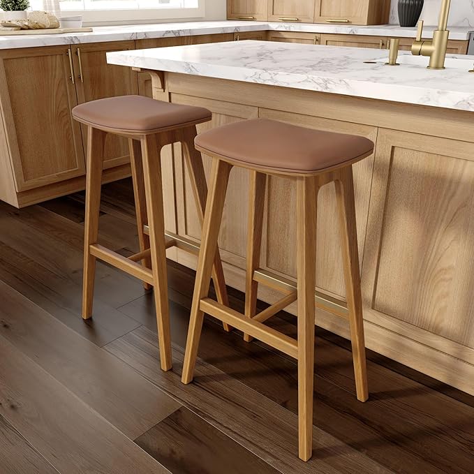 Plank+Beam Beryl Bar Height Stool - Mid-Century Modern Rubberwood Bar Stool with Faux Leather Seat, Metal Footrest, Easy Assembly, Pecan/Toffee