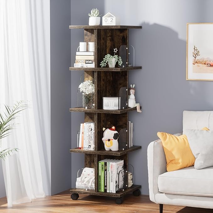 VECELO Rotating Bookshelf with Brake Wheels, 360°Display 4 Tier Floor Stackable Spinning-Bookshelf Tower for Kids&Adults, Revolving Bookcase for Small Space,Corner(Brown)