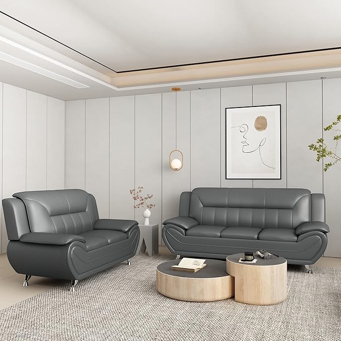 Container Furniture Direct Michael Modern Faux Leather Upholstered Stainless Steel Legs Living Room Sofa, Gray