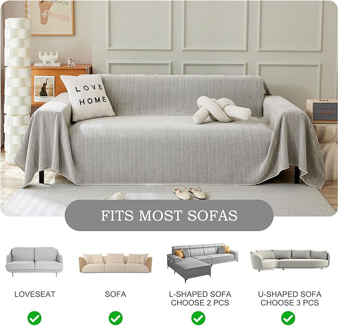 STACYPIK Silver Gray Sofa Cover for Dog, Herringbone Sectional Couch Cover, Pet Friendly Protector for 3 Cushion Couch, Non-Slip L Shaped Sofa Covers, Washable Multi-use Jacquard Blankets-91X150IN