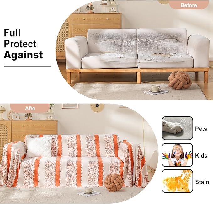 Boho Couch Cover, Sofa Cover, Sofa Covers for 2 Cushion Couch, Washable Sectional Couch Covers for Dogs Pet Furniture Protector Couch Cover Blanket for Living Room (1# Orange, 71" x 118")