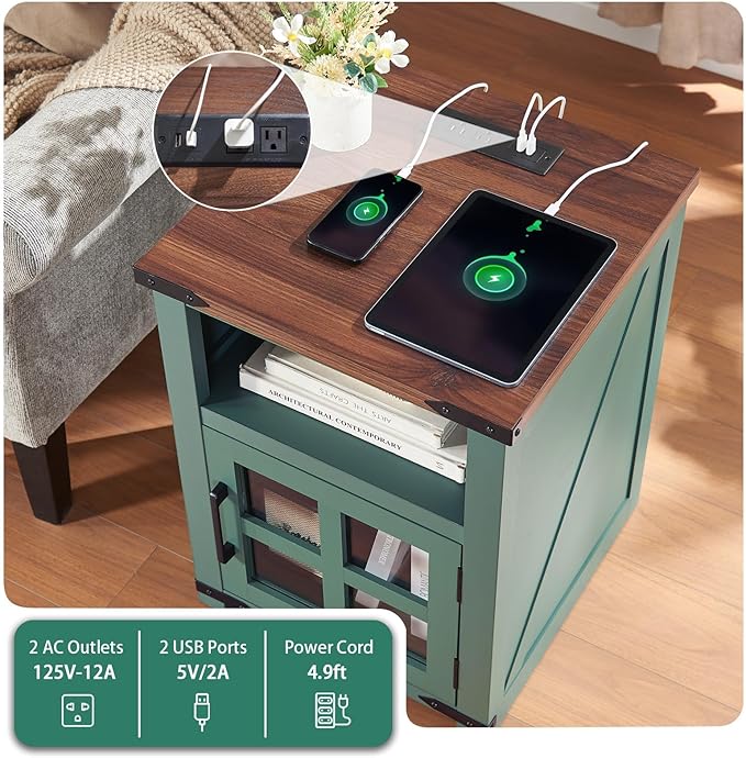 Farmhouse Nightstand with Charging Station, Rustic End Table with Tempered Glass Barn Door, Wood Sofa Side Bedside Table with Open Storage Shelf for Living Room, Bedroom, Green