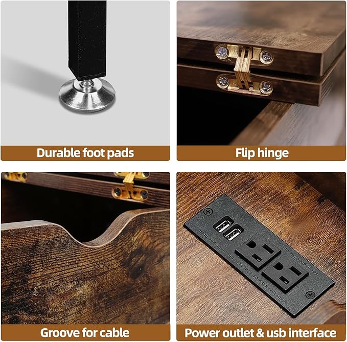 TooCust End Tables Living Room Set of 2, Side Table with Charging Station Flip Top, 11"D x 24"W x 23"H, Narrow Side Table with 5.3" Deep Drawer, Couch End Tables Set of 2, Steel X-Frame, Rustic Brown